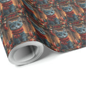 クリスマスプレゼント暖炉が飾られたオリエンタルブルー猫 ラッピングペーパー (ロールコーナー)