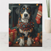 クリスマスプレゼント暖炉とブルーティックのコンハウンド カード (正面)