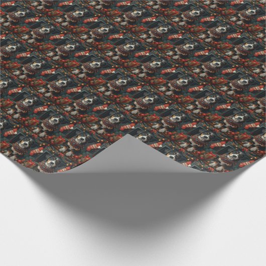 クリスマスプレゼント暖炉とブルーティックのコンハウンド ラッピングペーパー (角)