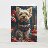 クリスマスプレゼント暖炉とヨークシャー・テリア カード (正面)