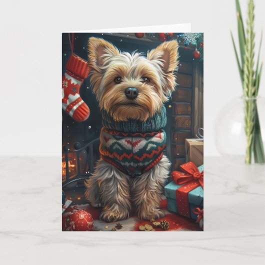 クリスマスプレゼント暖炉とヨークシャー・テリア カード (正面)