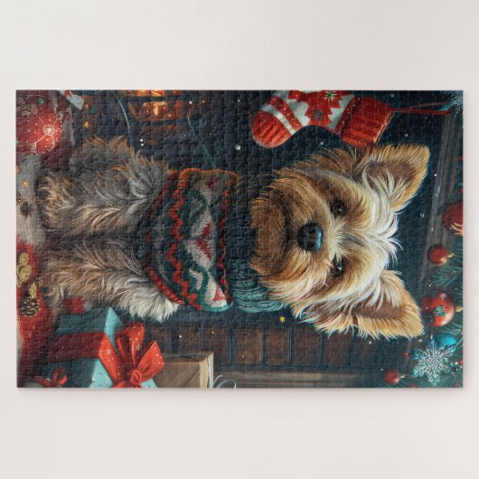 クリスマスプレゼント暖炉とヨークシャー・テリア ジグソーパズル (横)