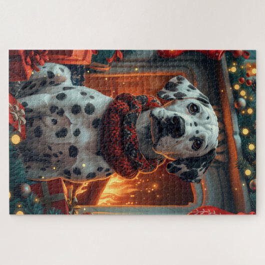 クリスマスプレゼント暖炉のあるダルマチアの犬 ジグソーパズル (横)