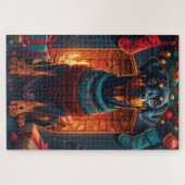 クリスマスプレゼント暖炉のあるドバーマンドッグ ジグソーパズル (横)