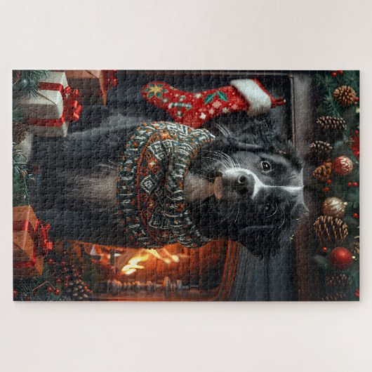 クリスマスプレゼント暖炉のあるニューファンドランド犬 ジグソーパズル (横)