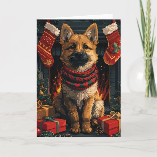 クリスマスプレゼント暖炉のあるベルギーの羊飼い カード (正面)