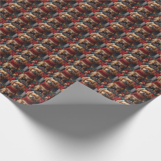 クリスマスプレゼント暖炉の付いたペキン犬 ラッピングペーパー (角)