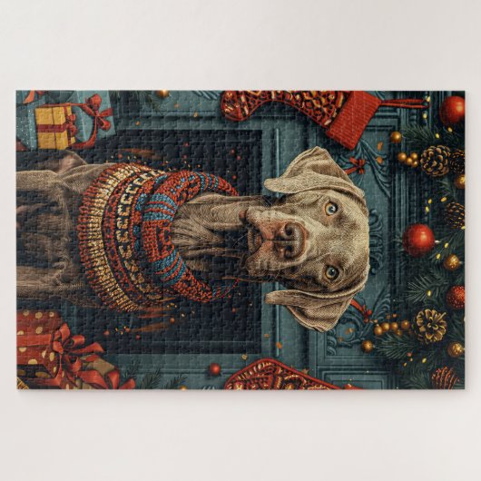 クリスマスプレゼント暖炉の付いたワイマラーンドッグ ジグソーパズル (横)