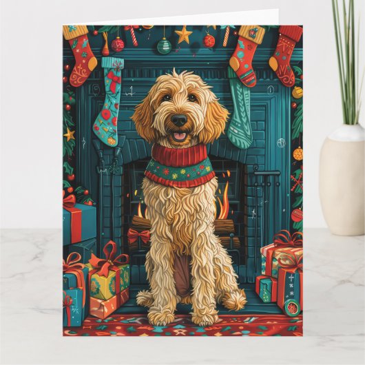 クリスマスプレゼント暖炉を持つアフガンハウンド犬 カード (正面)