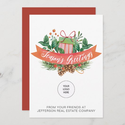 クリスマスプレゼント松リース会社ロゴビジネス シーズンカード (正面/裏面)