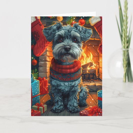クリスマスプレゼント置き場のあるシュナウザー犬 カード (正面)