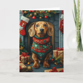 クリスマスプレゼント置き場のあるダックスシュント犬 カード (正面)