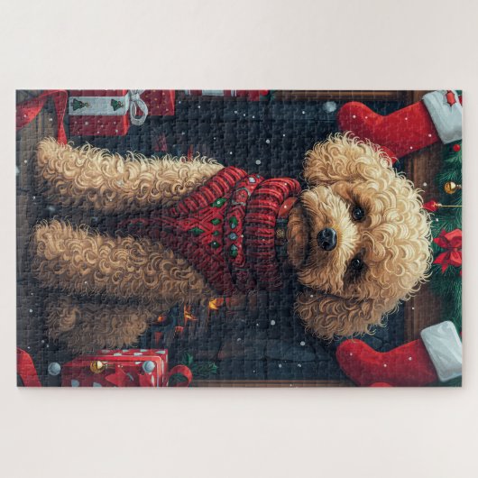 クリスマスプレゼント置き場のあるプードル犬 ジグソーパズル (横)