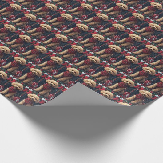 クリスマスプレゼント置き場のあるプードル犬 ラッピングペーパー (角)