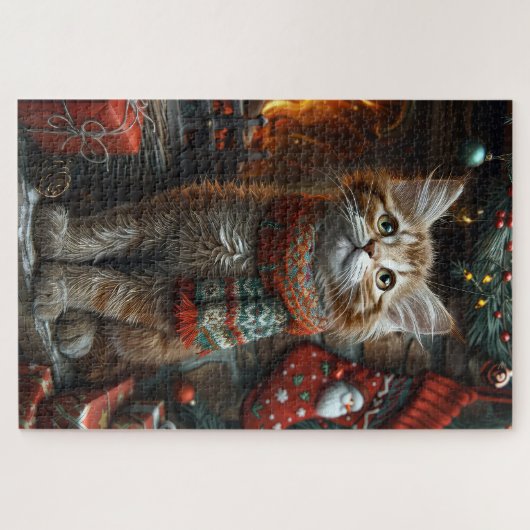 クリスマスプレゼント置き場のあるメインのクーンキャット ジグソーパズル (横)