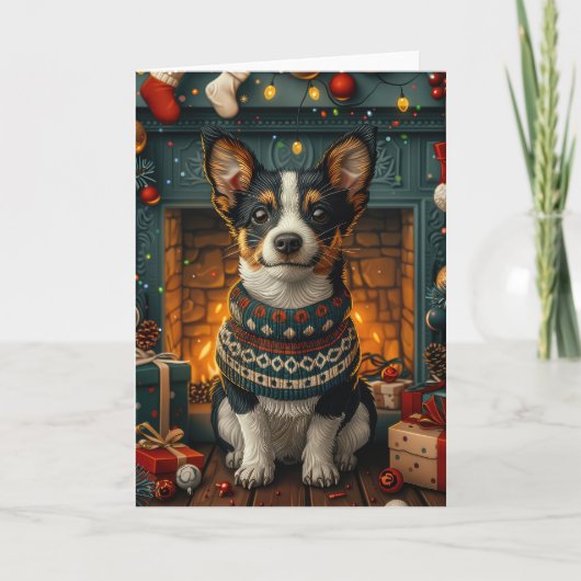 クリスマスプレゼント置き場のあるラットテリア犬 カード (正面)