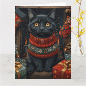クリスマスプレゼント置き場のある黒猫 カード (黄色い花)
