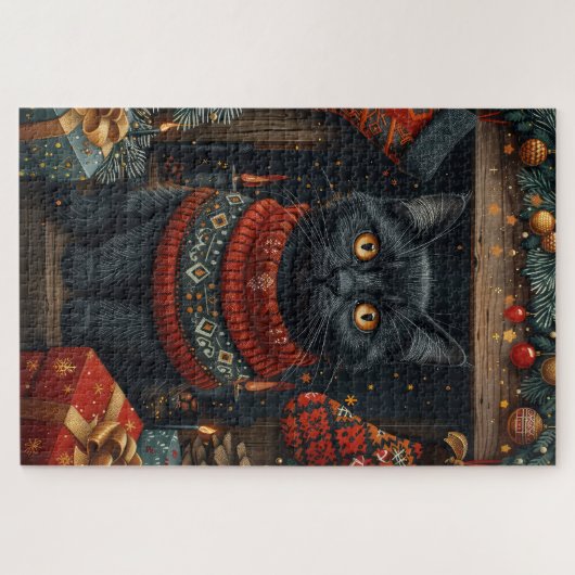 クリスマスプレゼント置き場のある黒猫 ジグソーパズル (横)