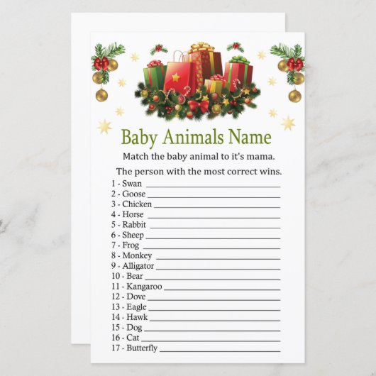 クリスマスプレゼント赤ちゃん動物の名前ゲーム (正面/裏面)