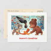 クリスマスプレゼント遊、動物のアイスホッケー シーズンポストカード (正面/裏面)