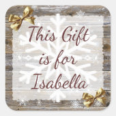 クリスマスプレゼント風化木材金ゴールド弓贈り物ラベル スクエアシール (正面)