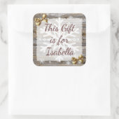 クリスマスプレゼント風化木材金ゴールド弓贈り物ラベル スクエアシール (バッグ)