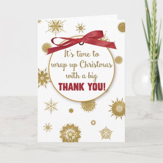 クリスマスプレゼント、金ゴールド雪、赤 サンキューカード (正面)