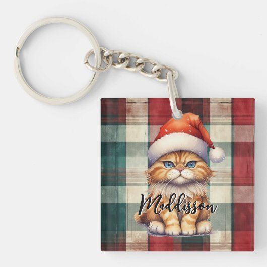 クリスマスプレッドサンタキャットの名前 キーホルダー (正面)