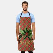 クリスマスプレッドレッド金ゴールド星付きリース エプロン (着用した状態)