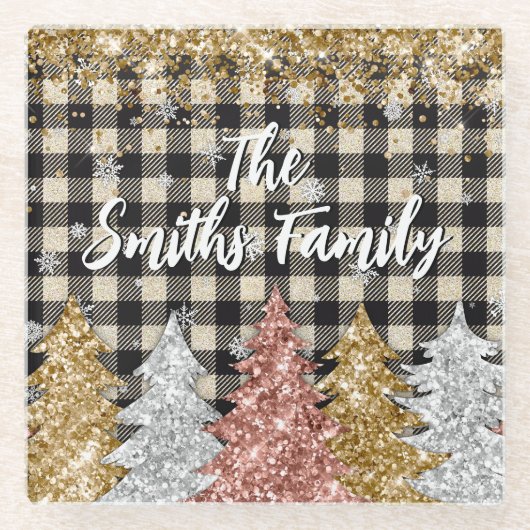 クリスマスプレド及びグリッターの姓 ガラスコースター (正面)