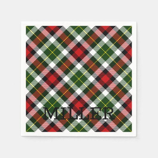 クリスマスプレド名レッドグリーンブラッククラシック スタンダードカクテルナプキン (正面)