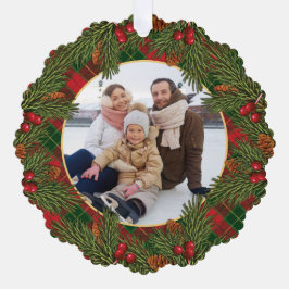 クリスマスプレ伝統的イドタータンチェックリース写真 オーナメントカード