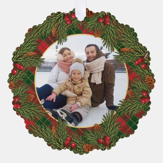 クリスマスプレ伝統的イドタータンチェックリース写真 オーナメントカード (正面)