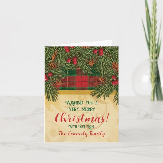 クリスマスプレ伝統的イドタータンチェックリース写真 カード (正面)