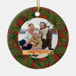 クリスマスプレ伝統的イドタータンチェックリース写真 セラミックオーナメント