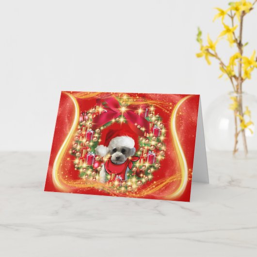 クリスマスプードルゴールデンハープグリーティングカード カード (黄色い花)