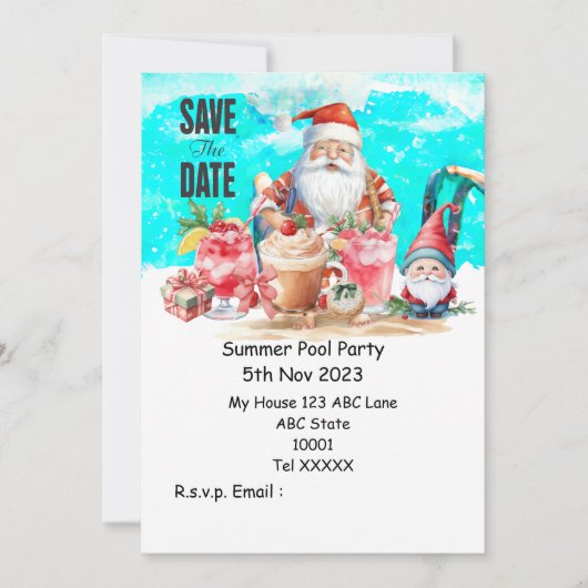クリスマスプールパーティーとサンタクロース飲み物 招待状 (正面)