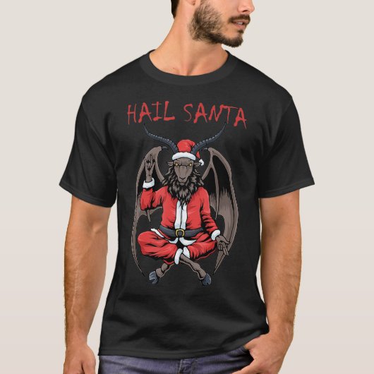 クリスマスヘイルサンタサタン教ヤギBaphomet Atheis Tシャツ (正面)