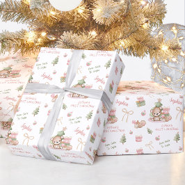 クリスマスベアーガールピンク名文字クリスマス ラッピングペーパー