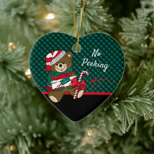 クリスマスベアーグリーンプレイドいいえパーソナライズされたピーク セラミックオーナメント (ツリー)