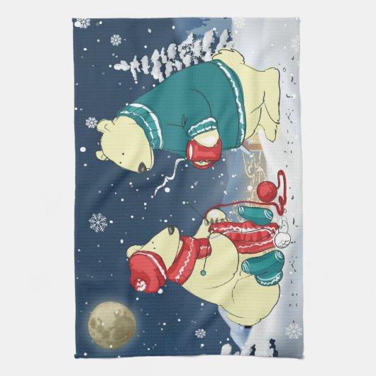 クリスマスベアーズ冬の雪のホリデーシーン キッチンタオル (縦)