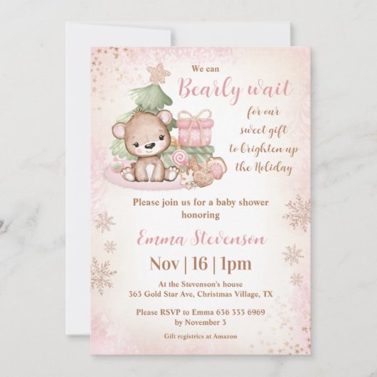 クリスマスベアーピンクの赤ちゃんシャワーを待つことができる 招待状 (正面)