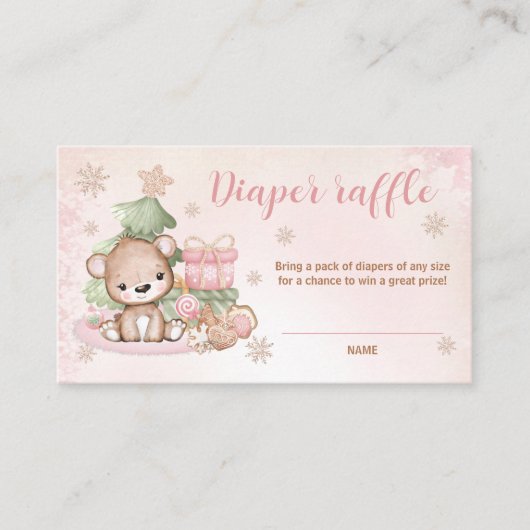 クリスマスベアーピンク赤ちゃんシャワーおむつラッフルカード エンクロージャーカード (正面)