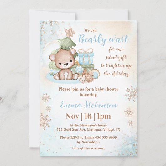 クリスマスベアーブルーのベビーシャワーを心待ちにできる 招待状 (正面)