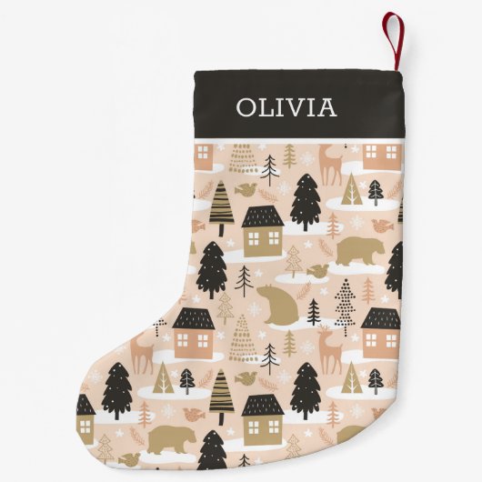 クリスマスベアーヴィレッジピンクブラックモダン金ゴールド スモールクリスマスストッキング (裏面)