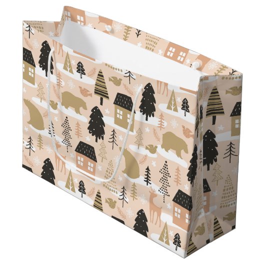 クリスマスベアーヴィレッジピンクブラックモダン金ゴールド ラージペーパーバッグ (正面アングル)
