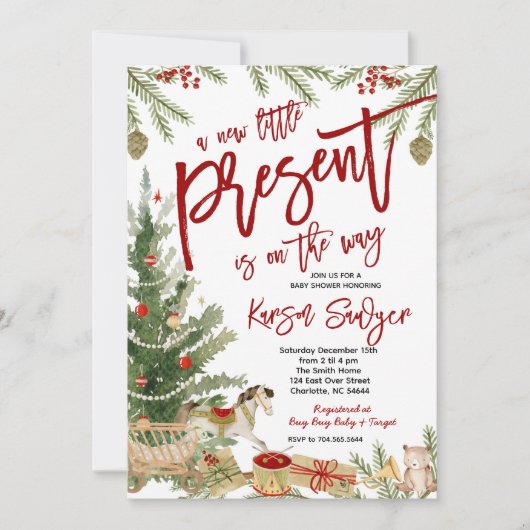 クリスマスベイビーシャワー招待状、新しいプレゼント 招待状 (正面)