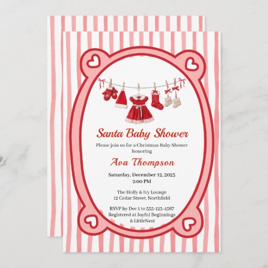 クリスマスベイビーシャワー | サンタクロースの服 赤と白 招待状 (正面/裏面)