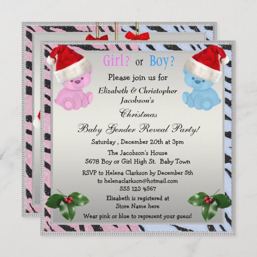 クリスマスベビーでサンタハットのクマの性別を明かす 招待状 (正面/裏面)