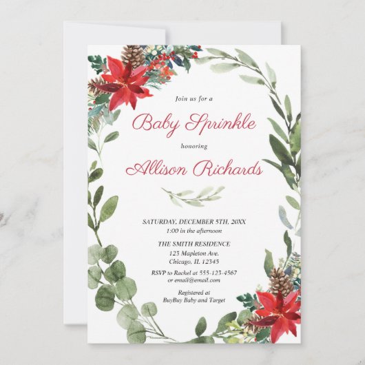 クリスマスベビーは赤いポインセチア緑を振りかけている 招待状 (正面)